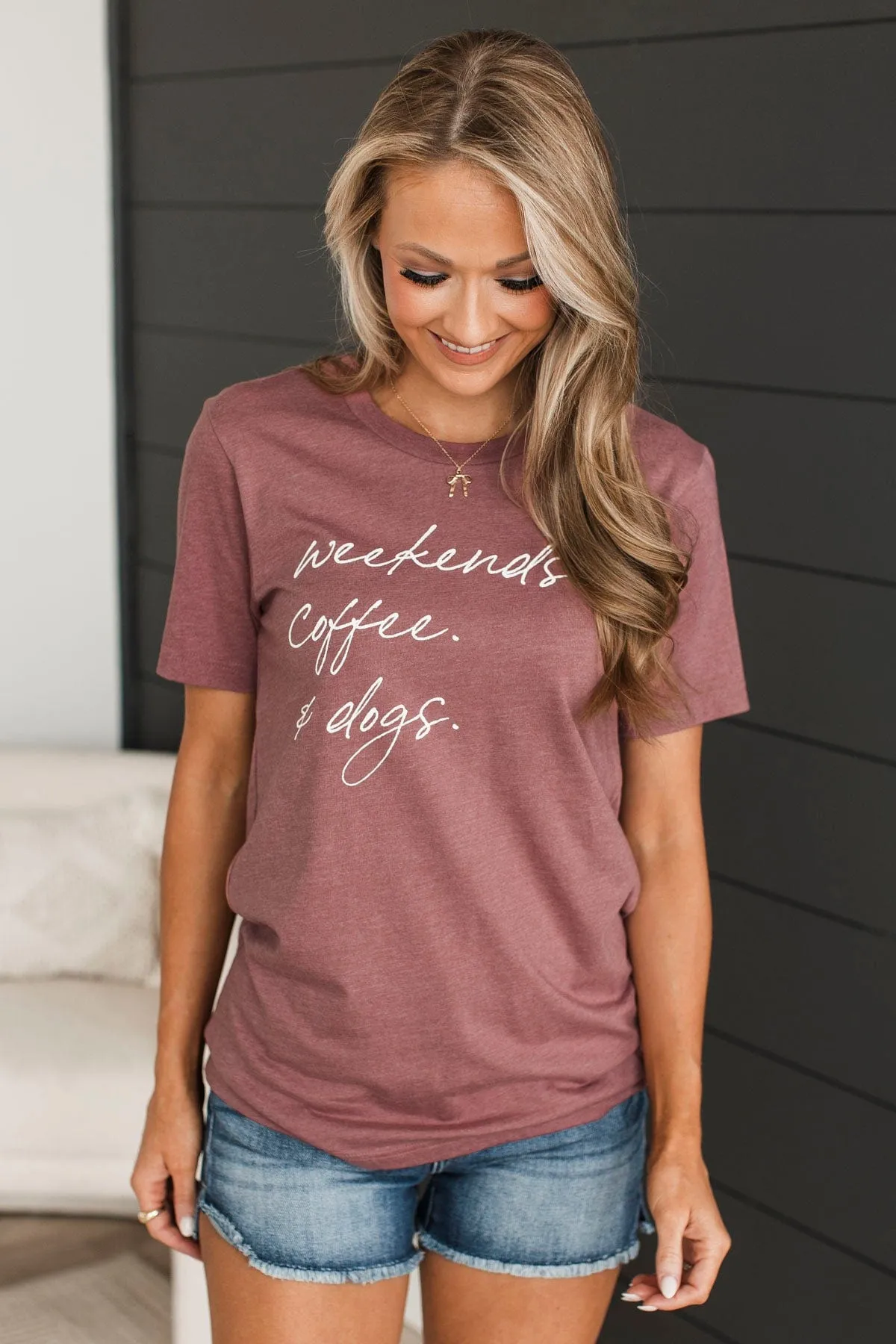 "Weekends. Coffee. & Dogs" Graphic Tee- Dark Mauve
