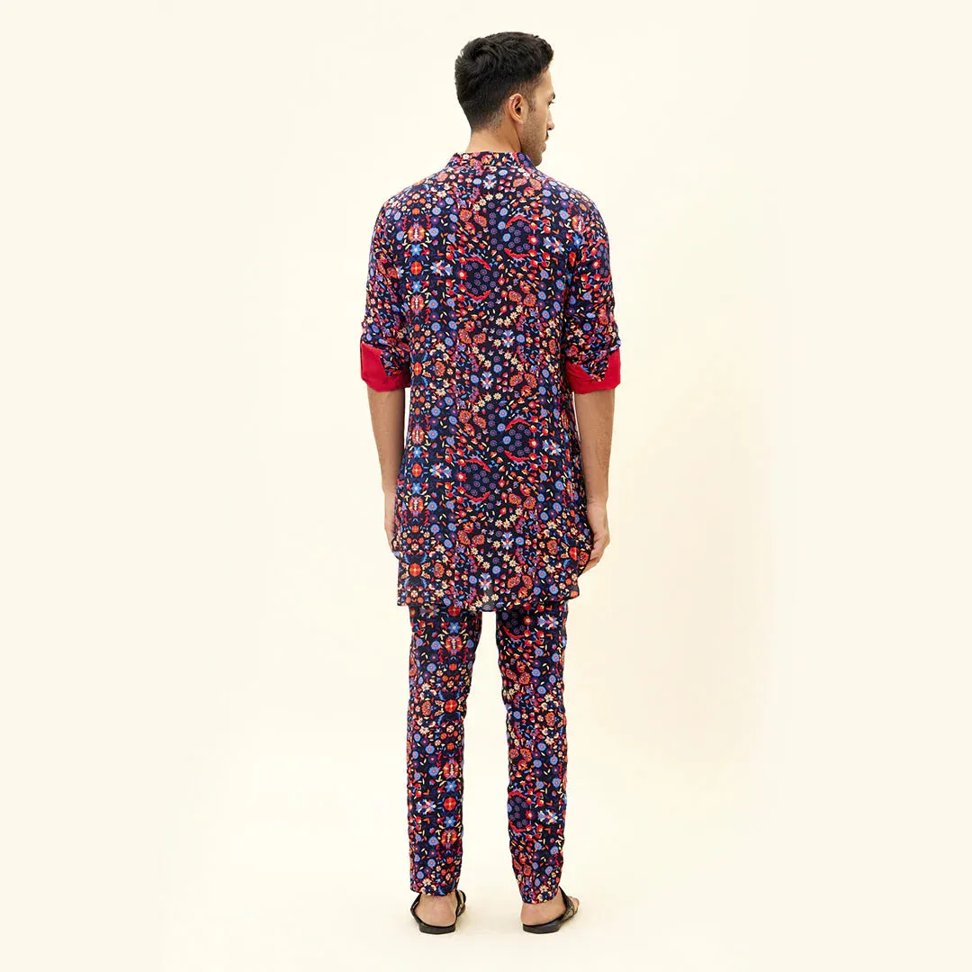 RASA BLUE JAAL PRINT SHORT SHIRT STYLE KURTA WITH PANTS