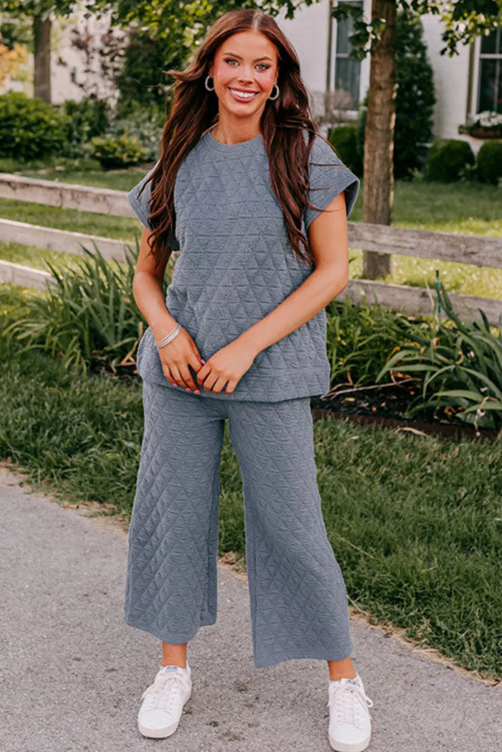 Real Teal Textured Short Sleeve Wide Leg Pants Set