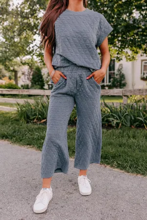 Real Teal Textured Short Sleeve Wide Leg Pants Set