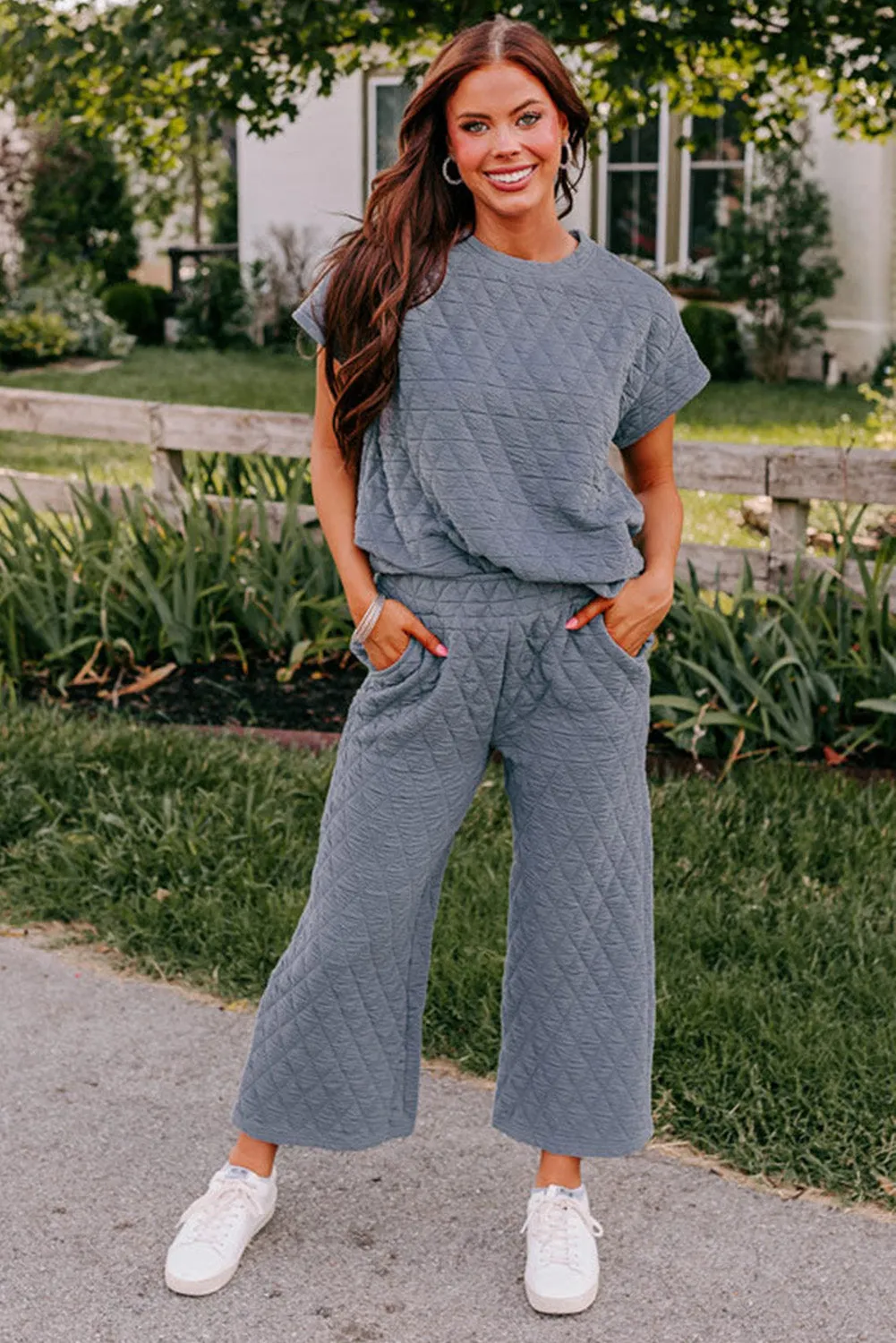 Real Teal Textured Short Sleeve Wide Leg Pants Set