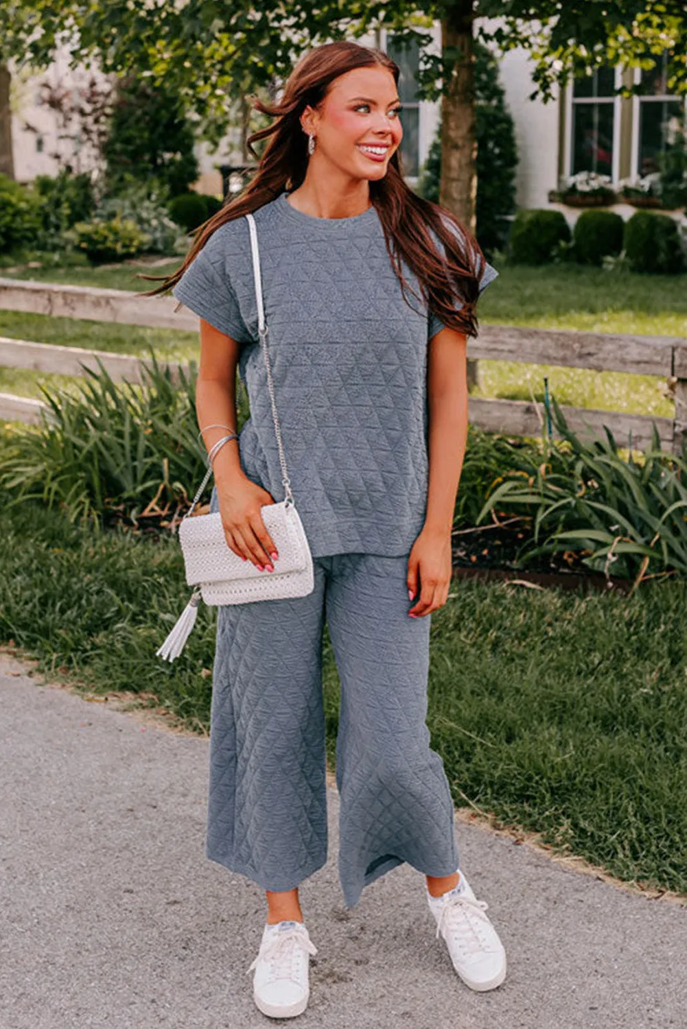 Real Teal Textured Short Sleeve Wide Leg Pants Set