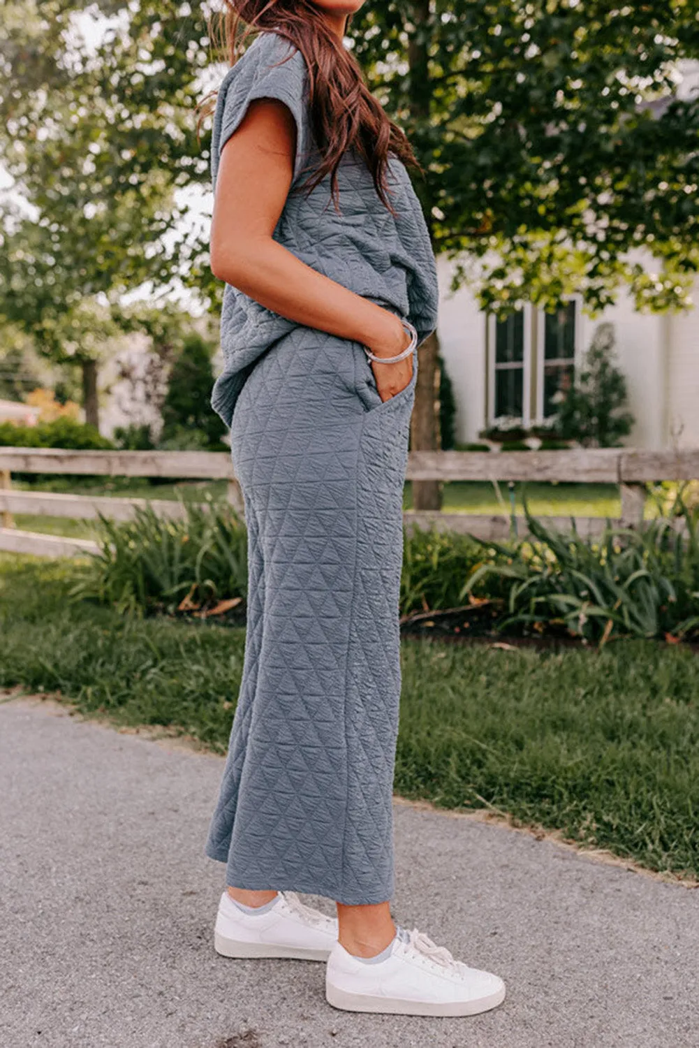 Real Teal Textured Short Sleeve Wide Leg Pants Set