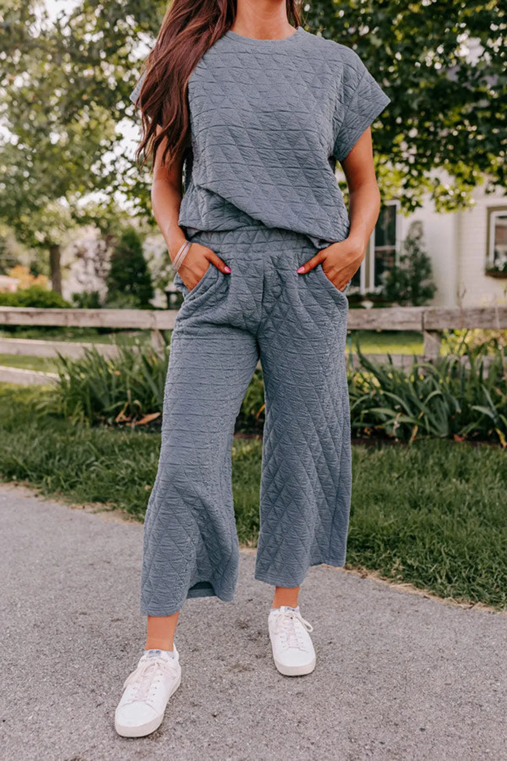 Real Teal Textured Short Sleeve Wide Leg Pants Set