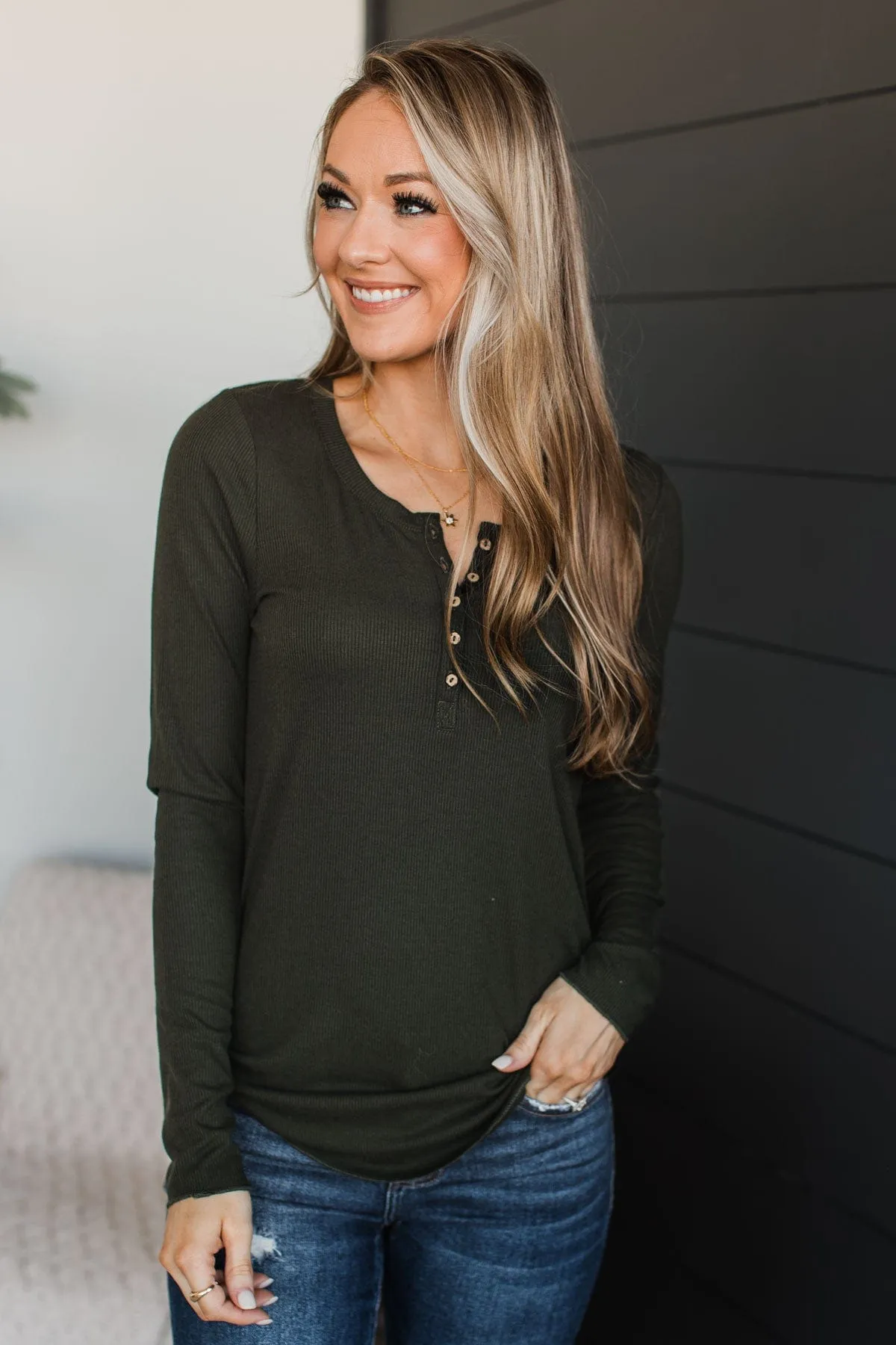 Rise To The Top Knit Henley Top- Dark Olive