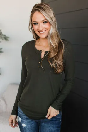 Rise To The Top Knit Henley Top- Dark Olive