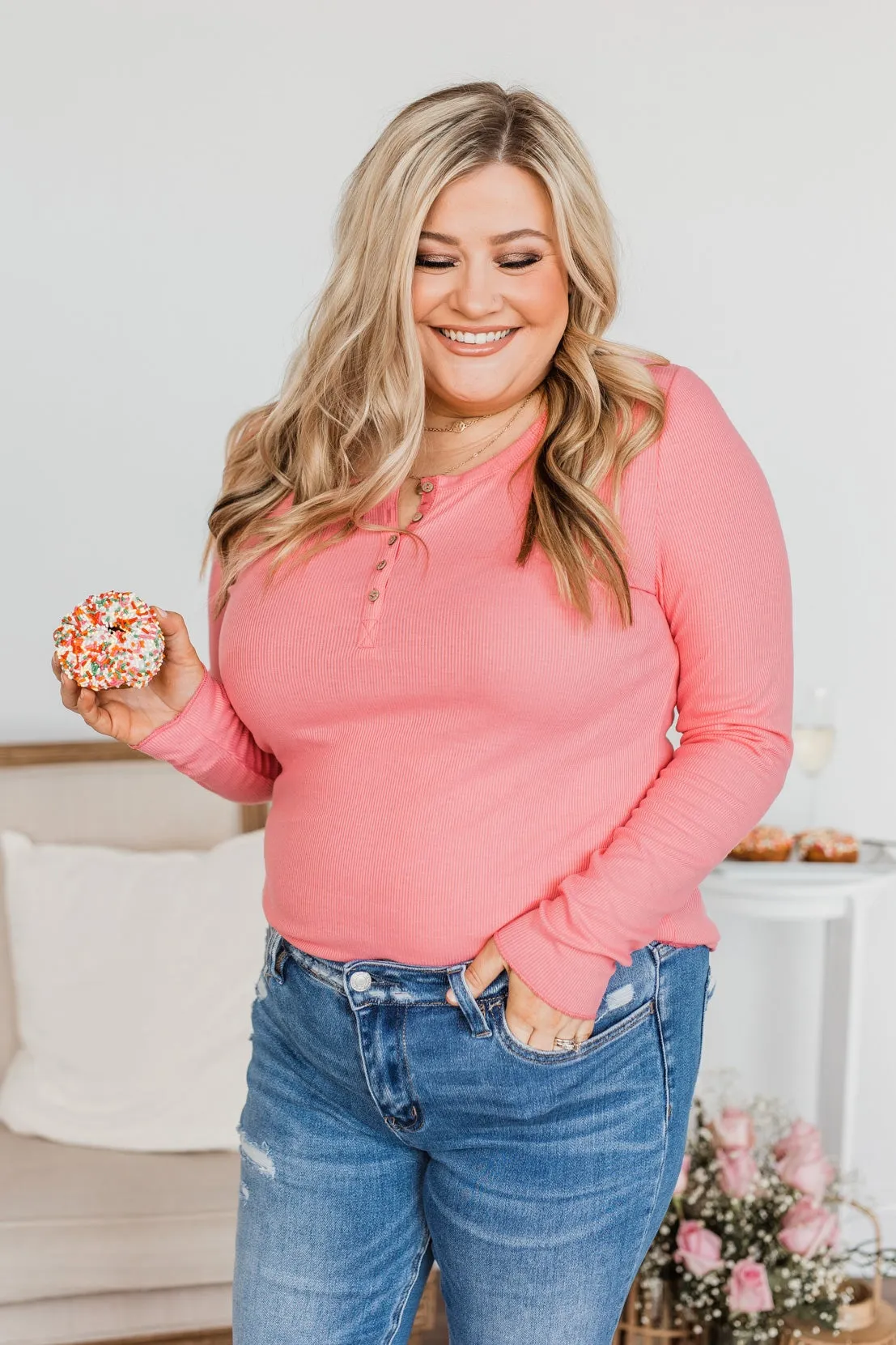 Rise To The Top Long Sleeve Henley Top- Bubblegum Pink