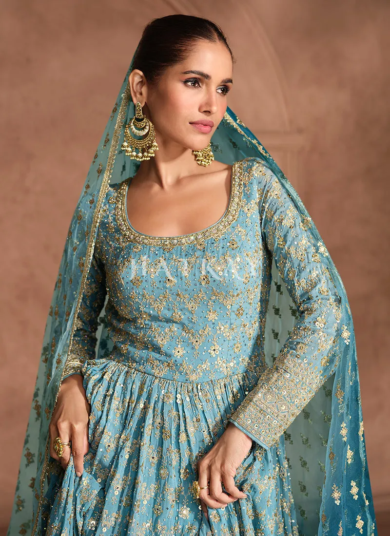 Royal Blue Ombré Embroidery Anarkali Dress