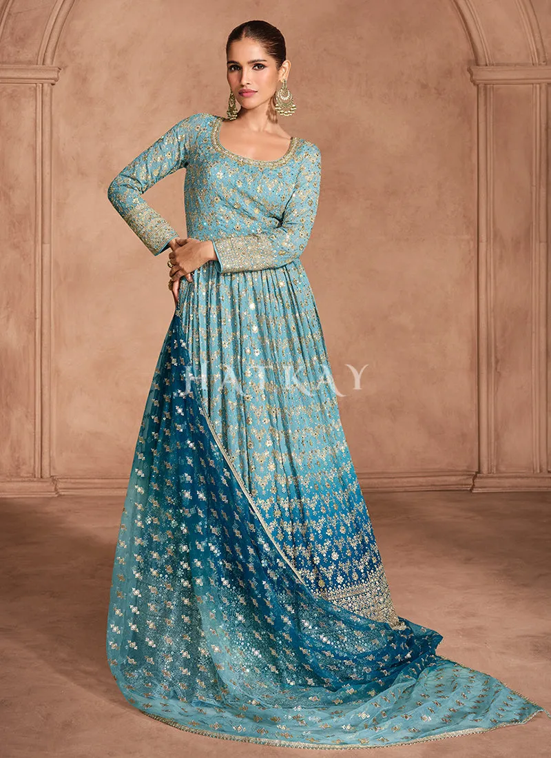 Royal Blue Ombré Embroidery Anarkali Dress