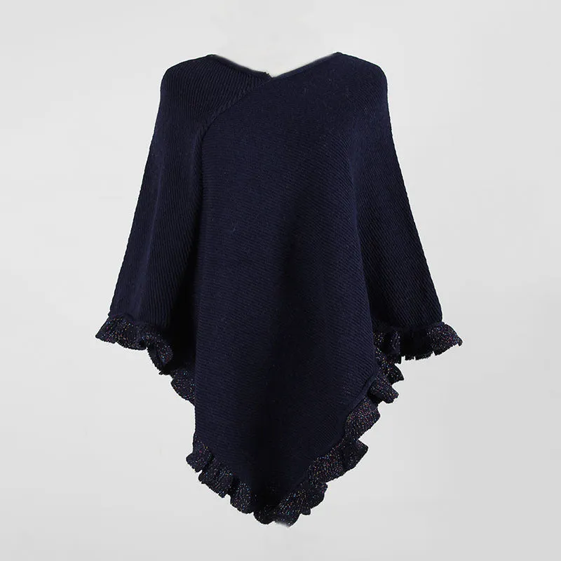 Ruffled Hem Crimped Collar Sweater Cloak Shawl Cape Cardigans