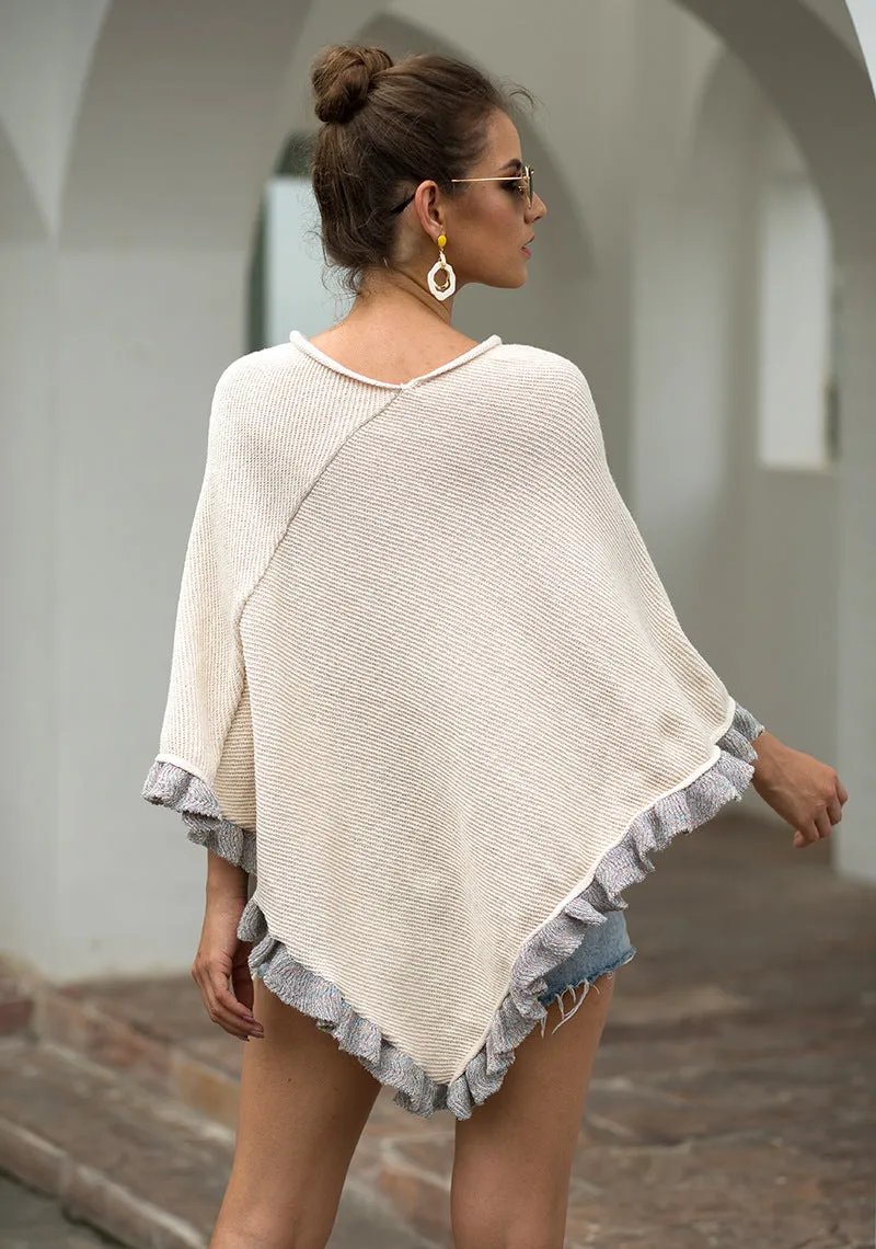 Ruffled Hem Crimped Collar Sweater Cloak Shawl Cape Cardigans