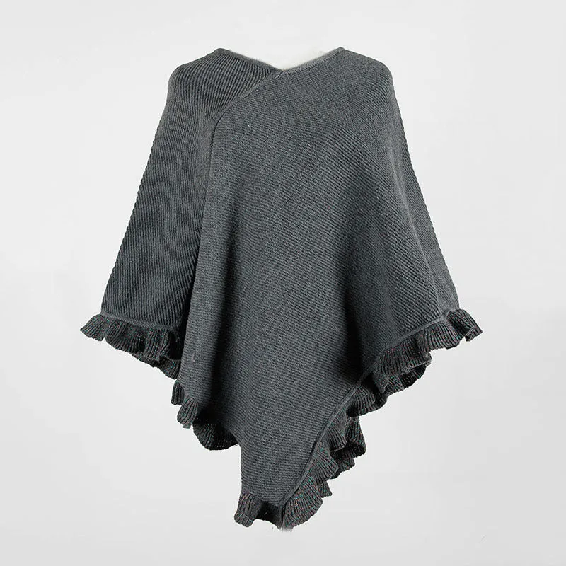 Ruffled Hem Crimped Collar Sweater Cloak Shawl Cape Cardigans