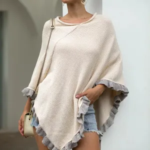 Ruffled Hem Crimped Collar Sweater Cloak Shawl Cape Cardigans