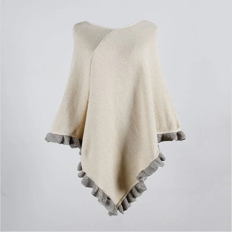 Ruffled Hem Crimped Collar Sweater Cloak Shawl Cape Cardigans