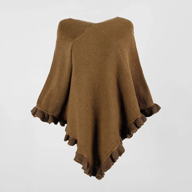 Ruffled Hem Crimped Collar Sweater Cloak Shawl Cape Cardigans