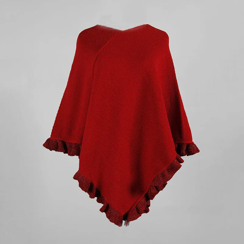 Ruffled Hem Crimped Collar Sweater Cloak Shawl Cape Cardigans