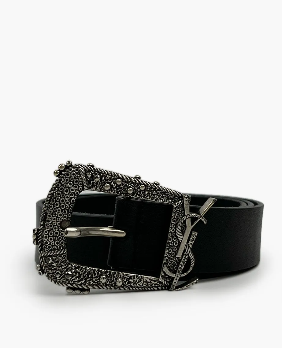 Saint Laurent Monogram Black Leather Belt SHW