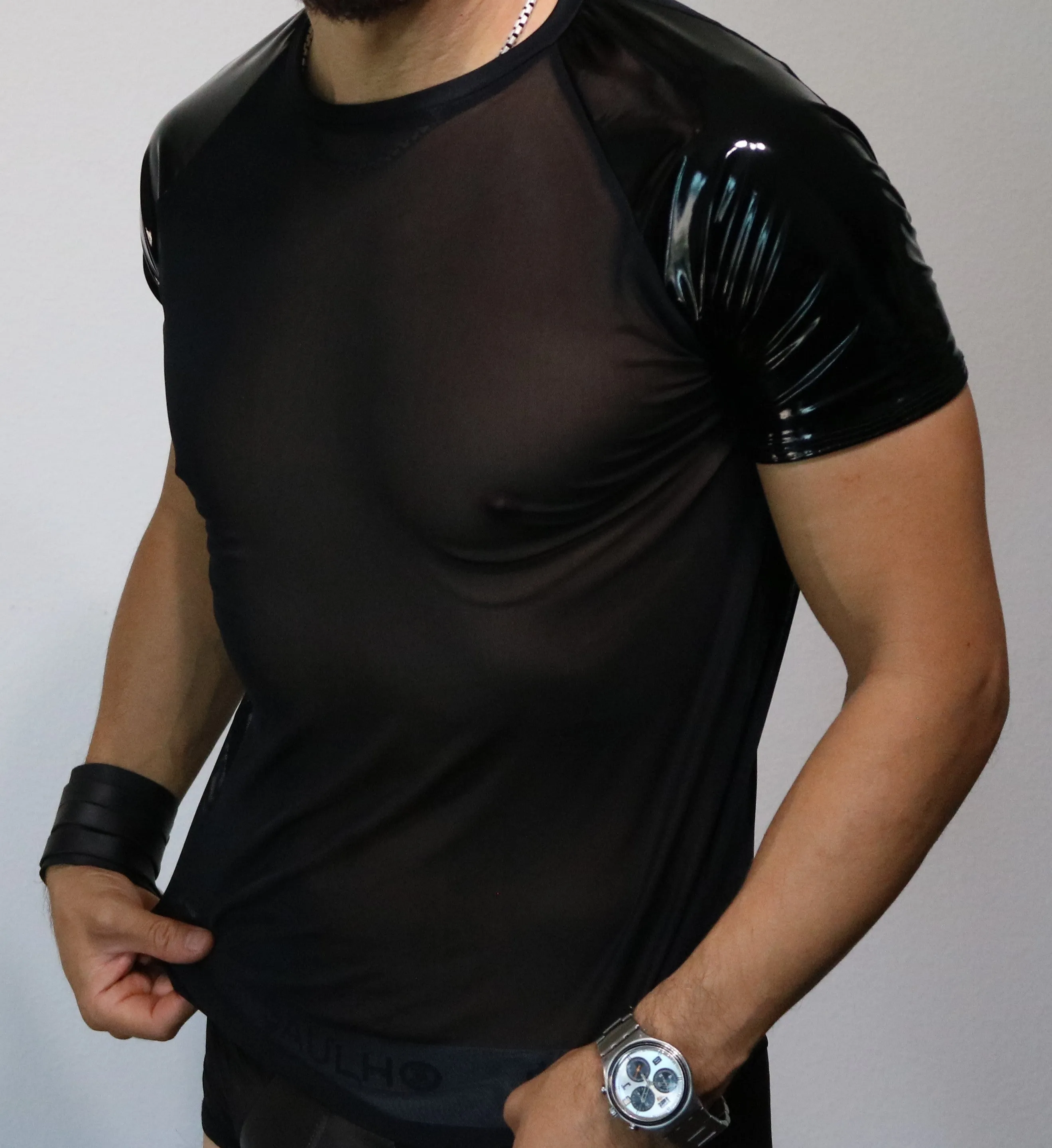 Saulho Sexy Black Faux Latex, Mesh Short Sleeve T-Shirt