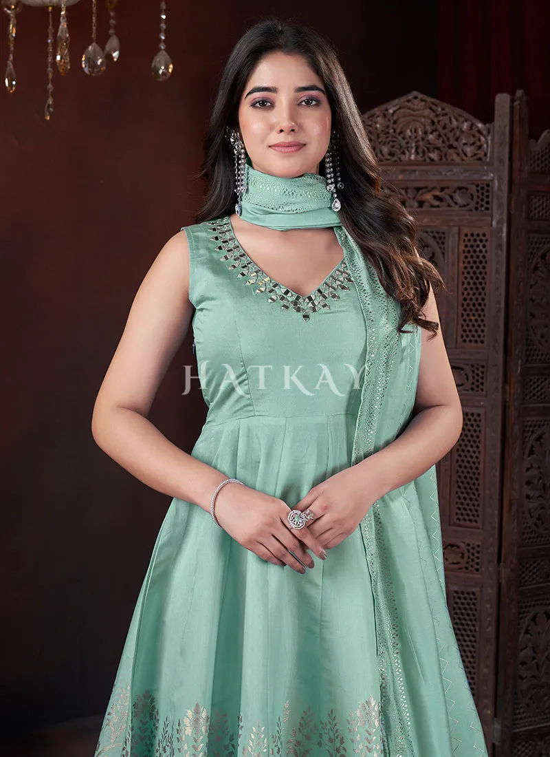 Sea Green Mirror Work Anarkali Palazzo Suit