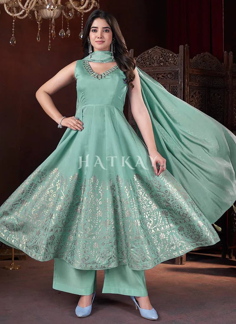 Sea Green Mirror Work Anarkali Palazzo Suit