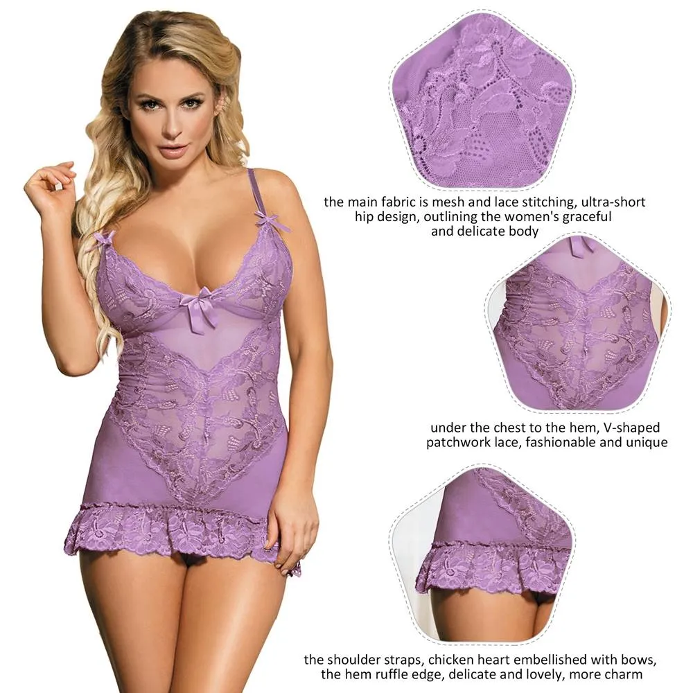 Sexy Red & Purple & Black & White Slim Deep V Neck Lace Sleepwear Egypt With Thong