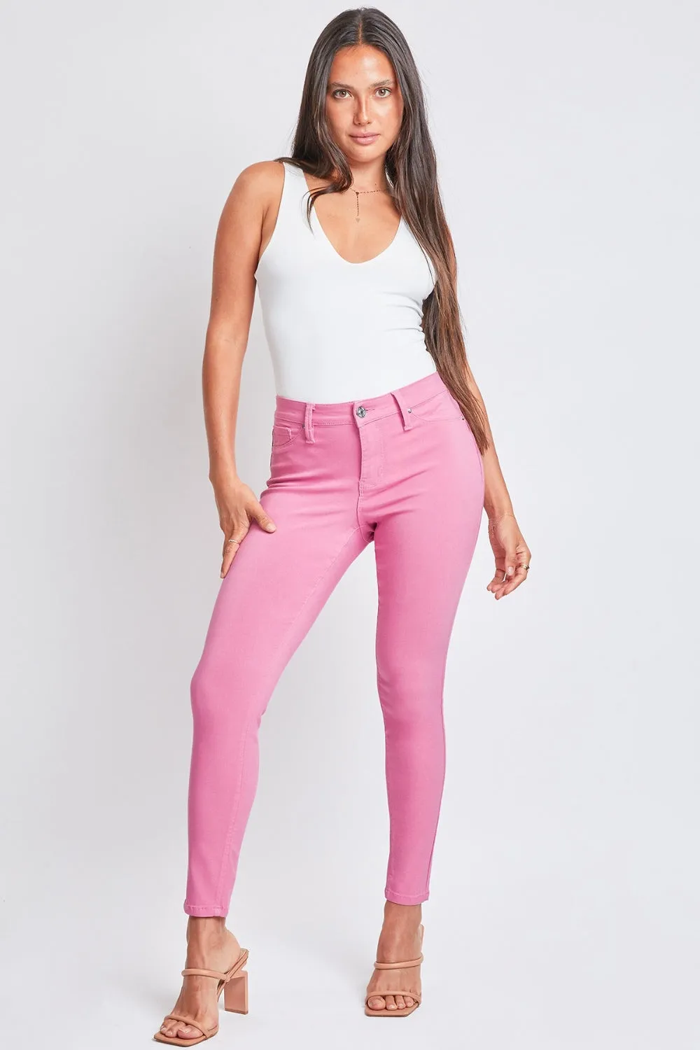 Size Small-3X Hyper Stretch Mid-Rise Skinny Pants Pink