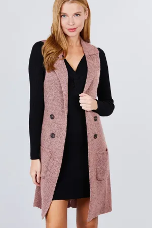 Sleeveless Notched Collar With Side Pocket Long Sweater Vest