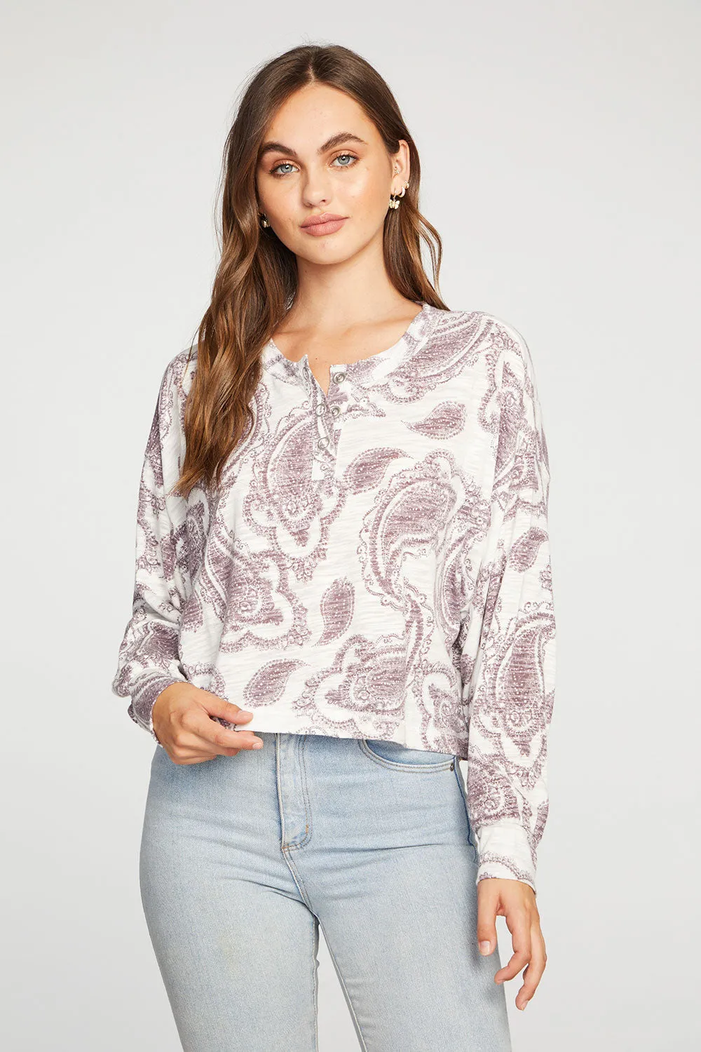 Slub Jersey Shirred Long Sleeve Drop Shoulder Henley