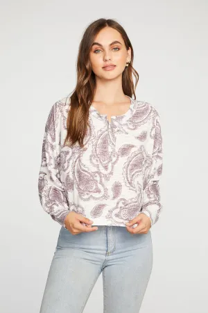 Slub Jersey Shirred Long Sleeve Drop Shoulder Henley