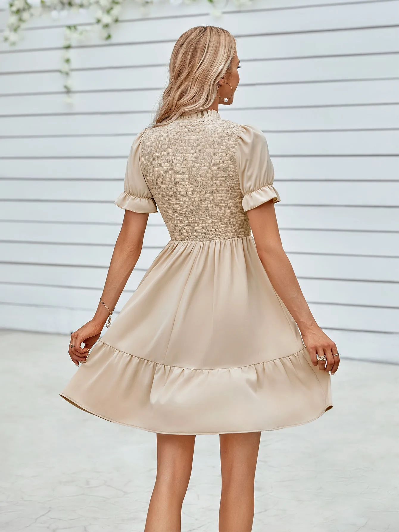 Smocked Short Flounce Sleeve Dress