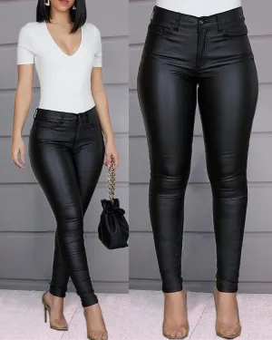 Solid Buttoned PU Coated Skinny Pants