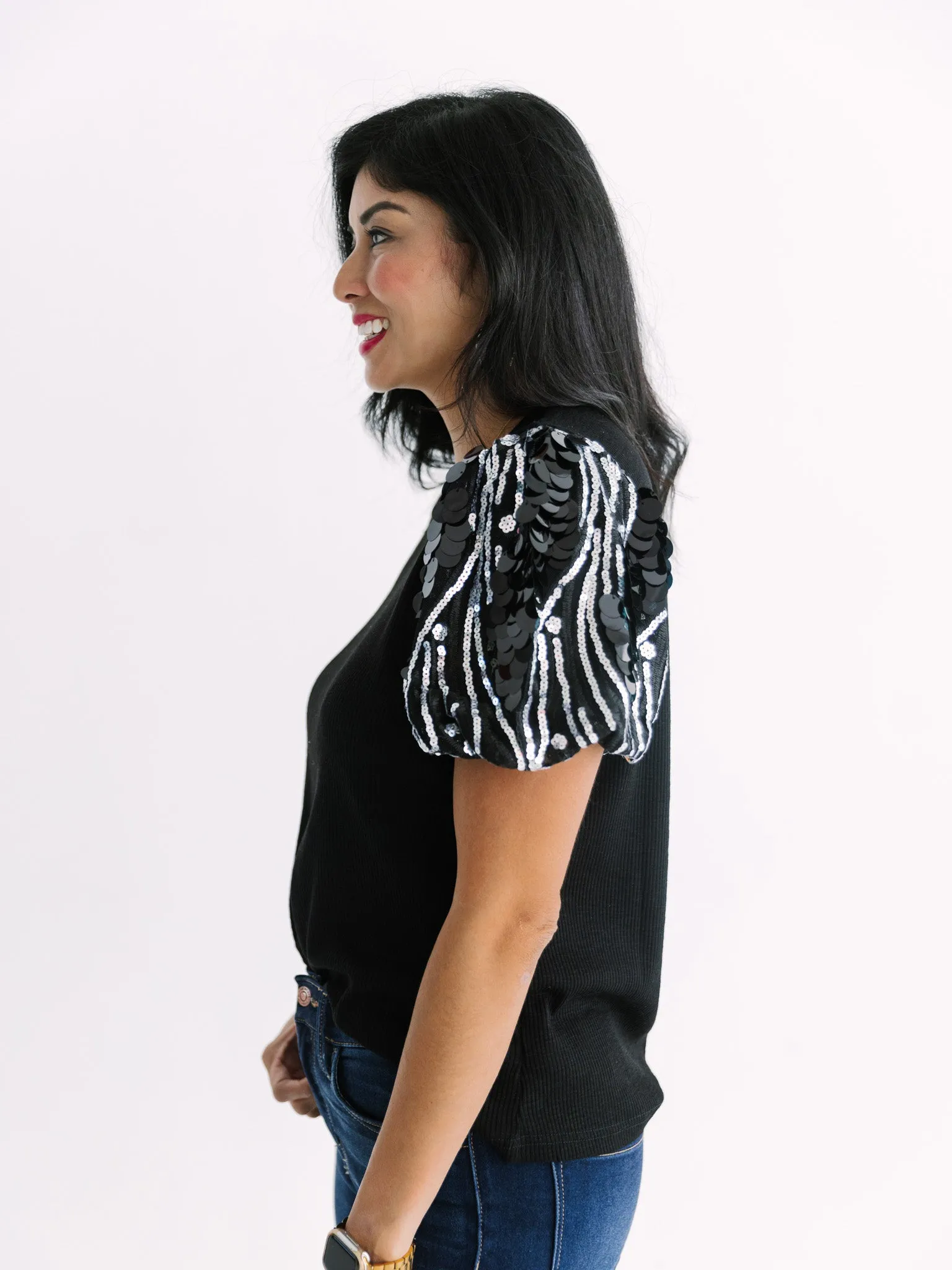 Sparkle Puff Sleeve Knit Top