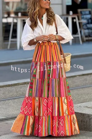Special Printed Elastic Waist Loose Large Hem Skirt