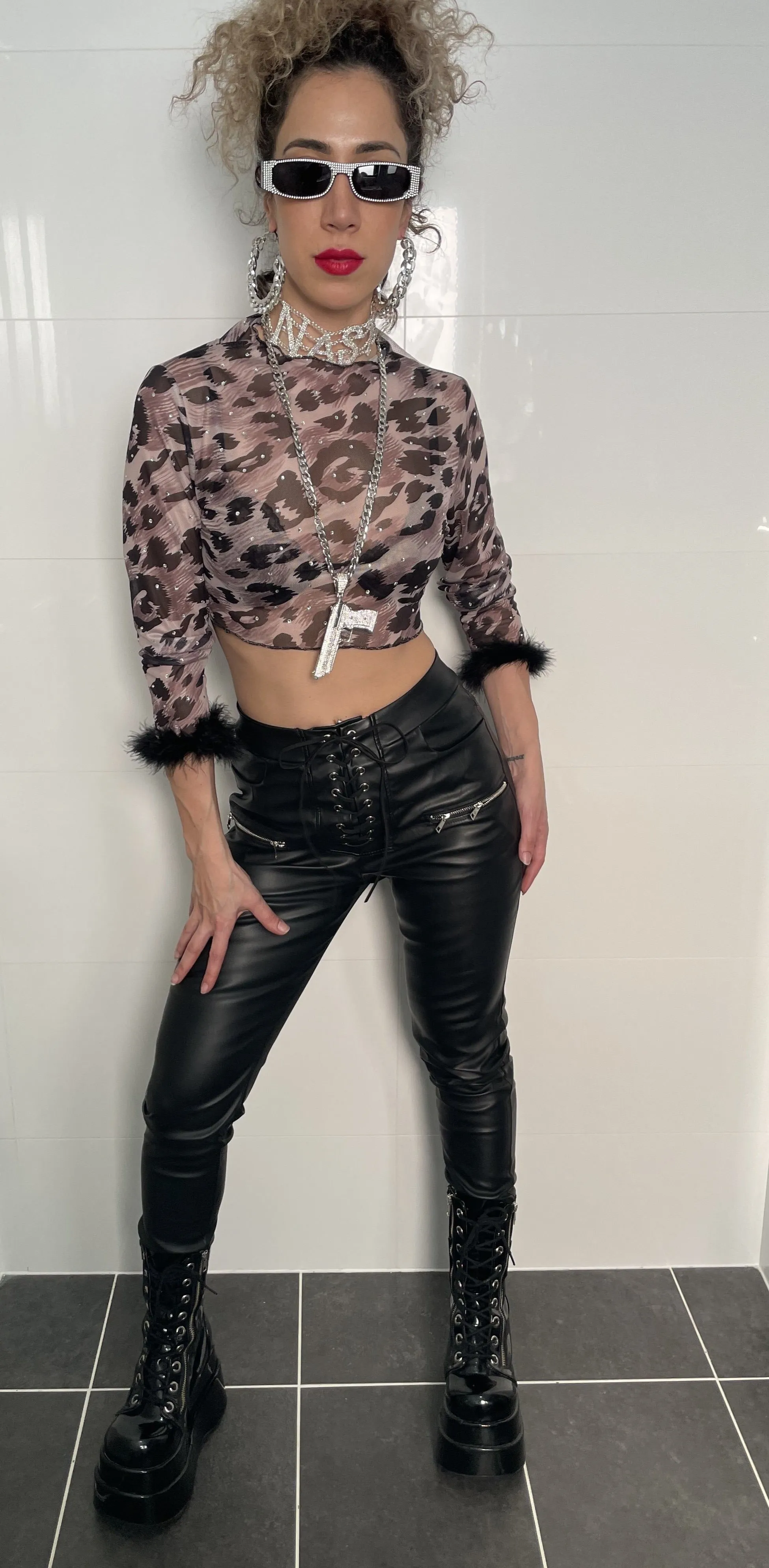 Stretch Vegan Leather Skinny Pants With Corset Tie Front