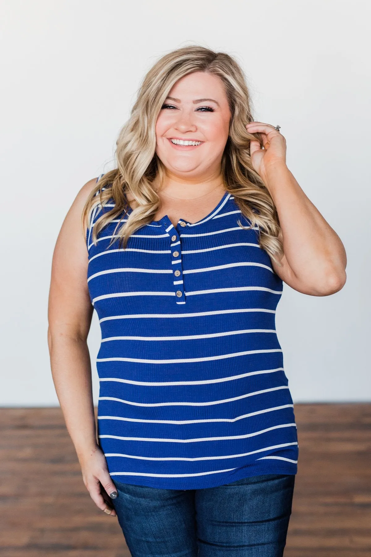 Striped Button Henley Tank Top- Royal Blue