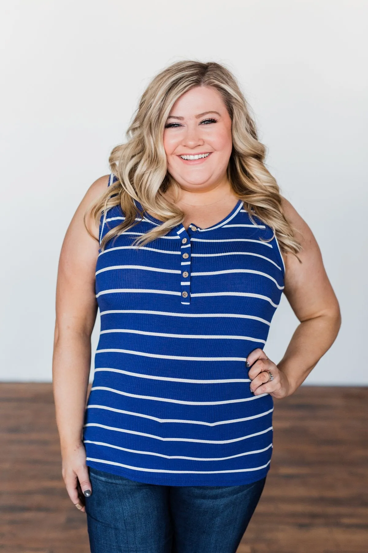 Striped Button Henley Tank Top- Royal Blue