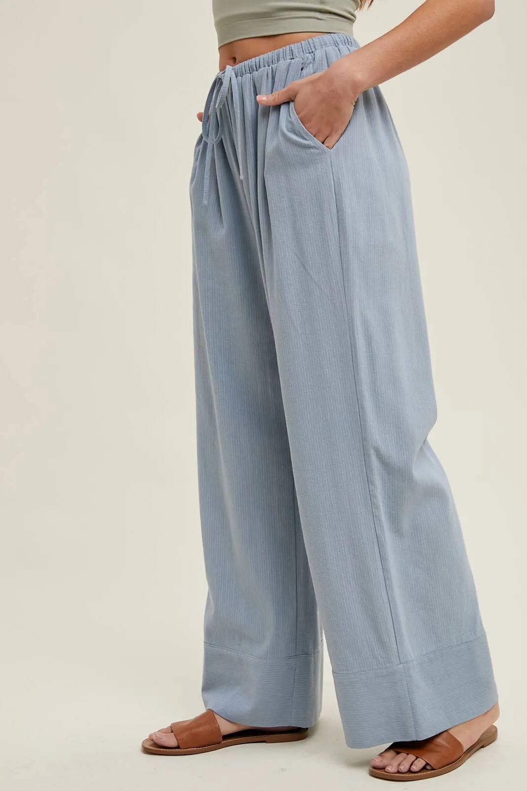STRIPED STRAIGHT PANTS WITH DRAWSTRING MOCHA/WHITE