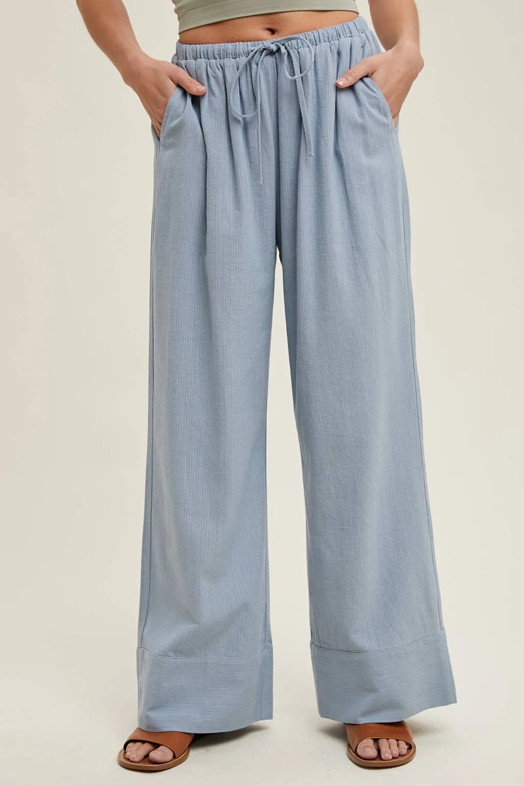 STRIPED STRAIGHT PANTS WITH DRAWSTRING MOCHA/WHITE