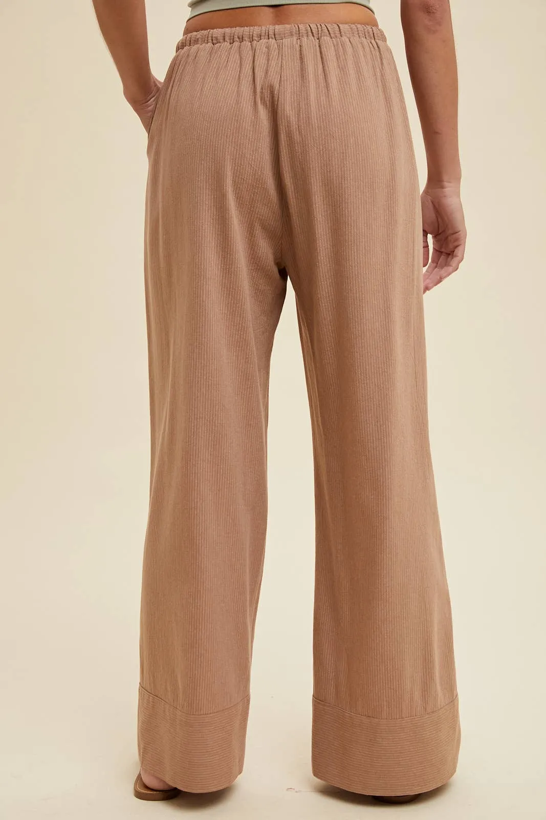 STRIPED STRAIGHT PANTS WITH DRAWSTRING MOCHA/WHITE