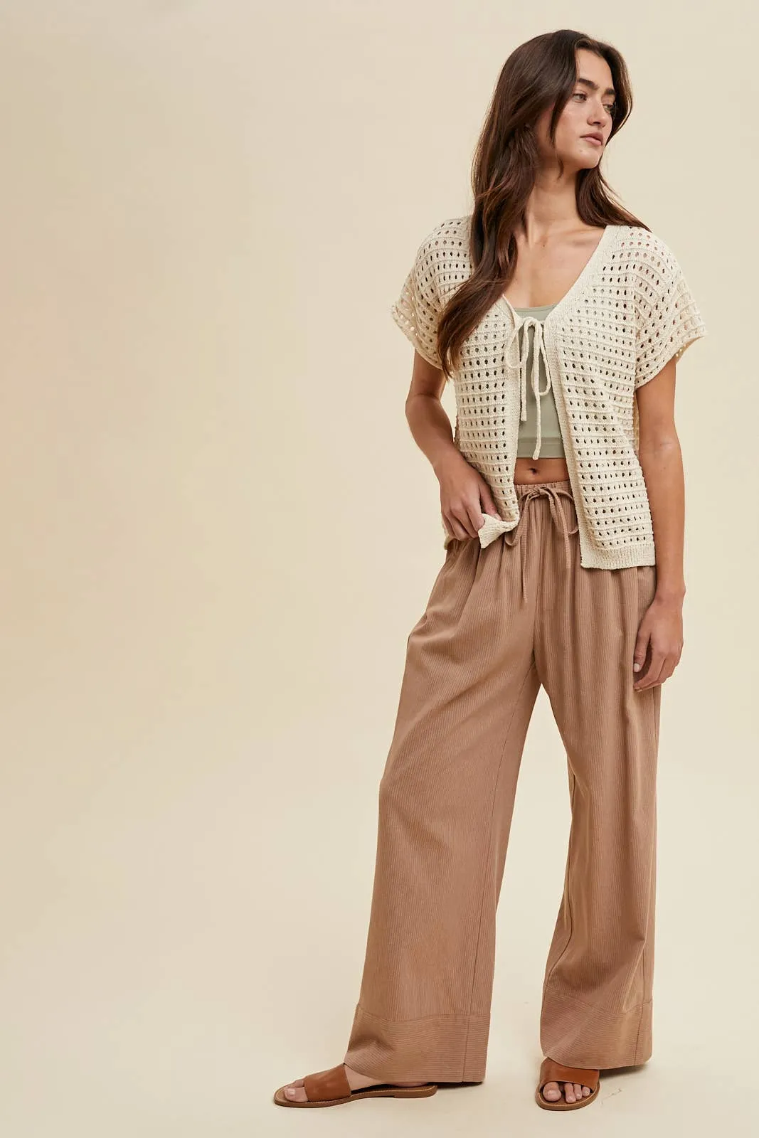 STRIPED STRAIGHT PANTS WITH DRAWSTRING MOCHA/WHITE