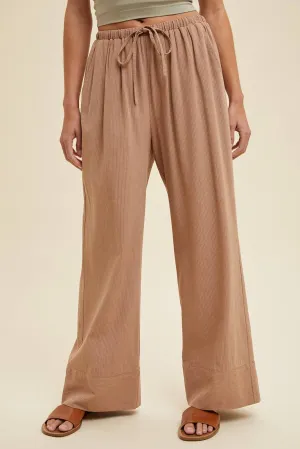 STRIPED STRAIGHT PANTS WITH DRAWSTRING MOCHA/WHITE