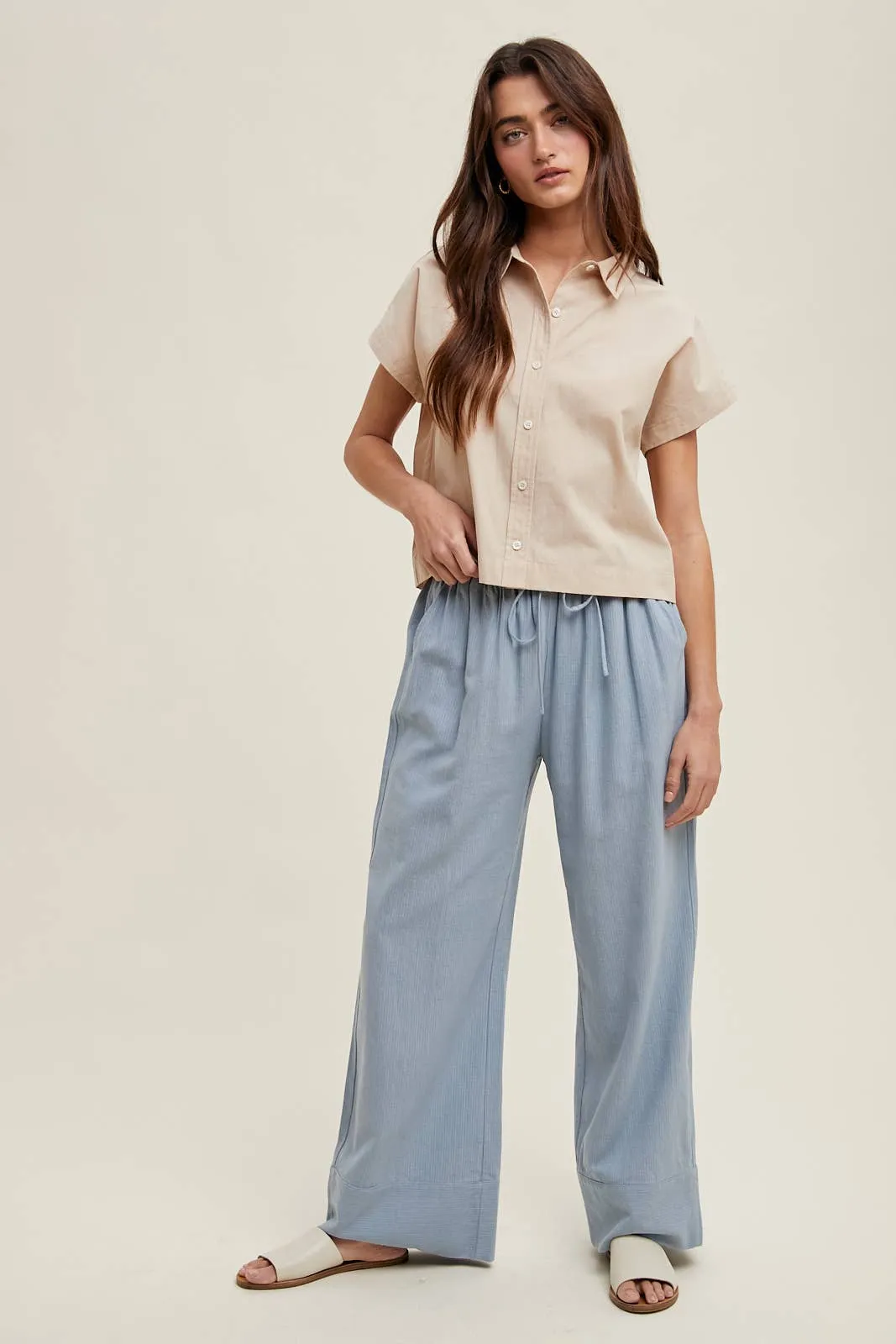 STRIPED STRAIGHT PANTS WITH DRAWSTRING MOCHA/WHITE
