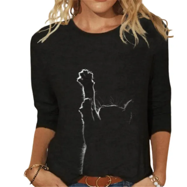 Summer Women Clothing Funny Cat 3D Print Long Sleeve T-Shirts Ladies Fashion Tops