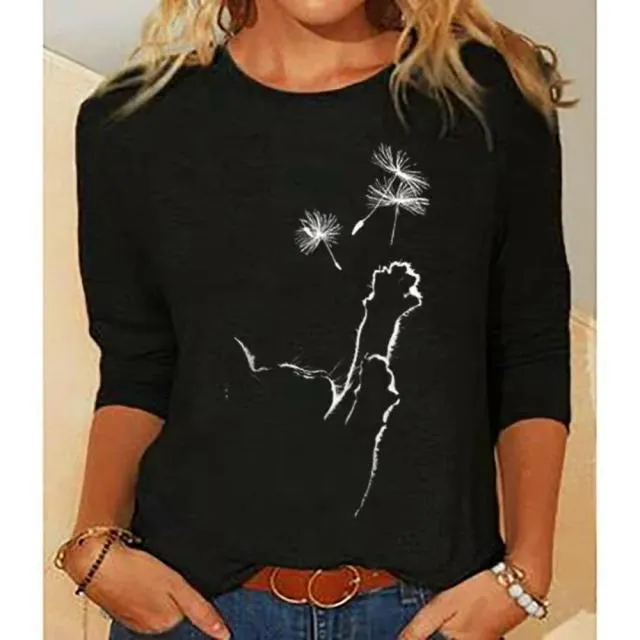Summer Women Clothing Funny Cat 3D Print Long Sleeve T-Shirts Ladies Fashion Tops