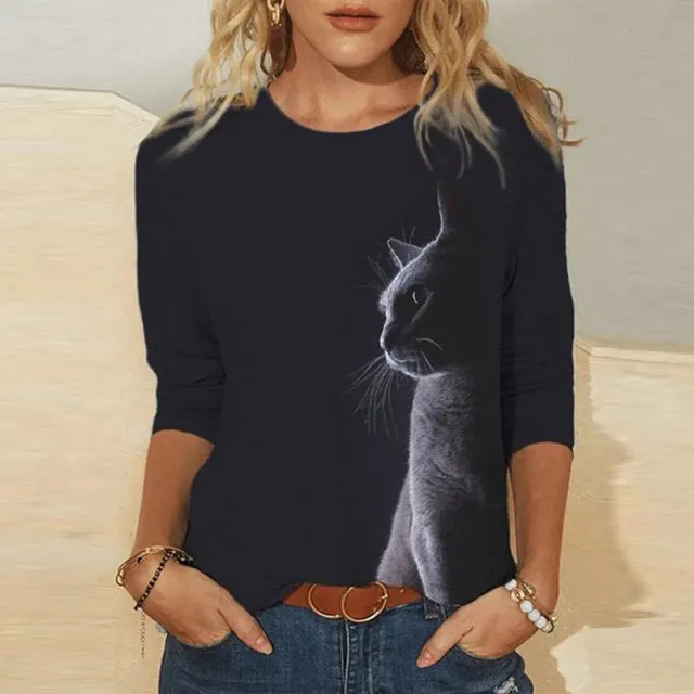 Summer Women Clothing Funny Cat 3D Print Long Sleeve T-Shirts Ladies Fashion Tops