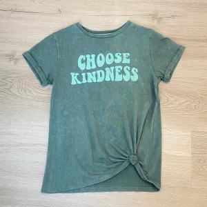 Sweet Soul Choose Kindness Acid Wash Side Tie Roll Cuff Tonal Green Graphic Tee