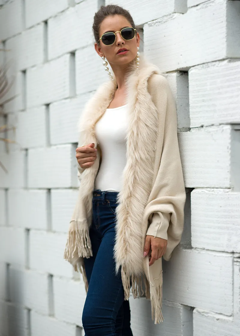 Tassel Fringed Cloak Shawl Fur Collar Sweater Cape Cardigans