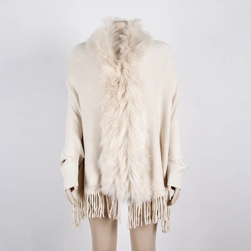 Tassel Fringed Cloak Shawl Fur Collar Sweater Cape Cardigans