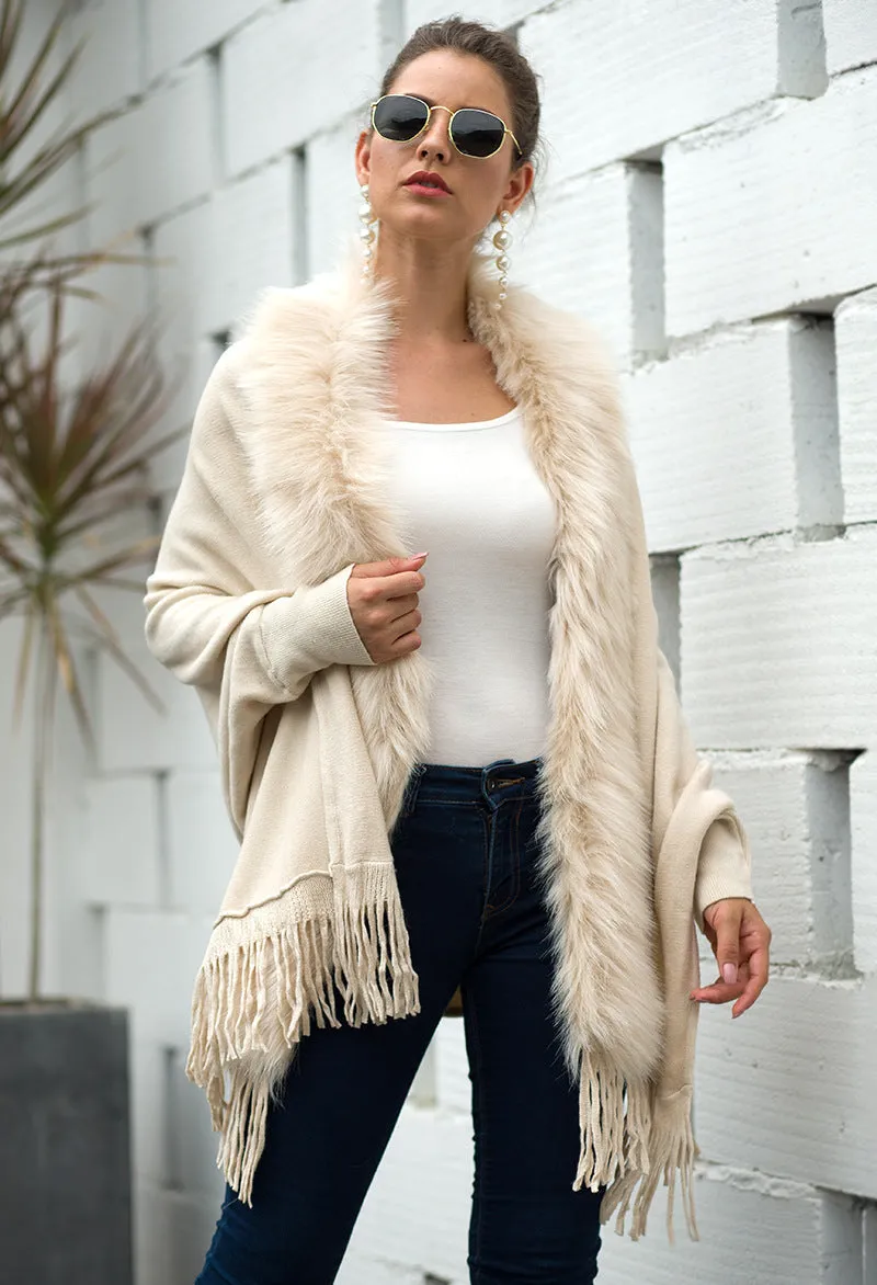 Tassel Fringed Cloak Shawl Fur Collar Sweater Cape Cardigans
