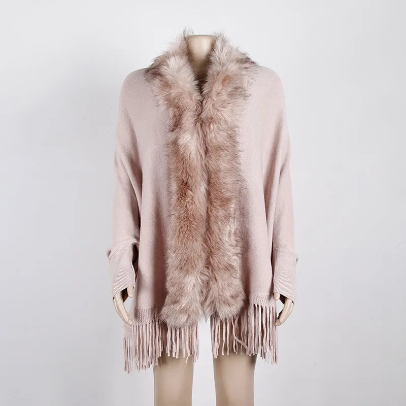 Tassel Fringed Cloak Shawl Fur Collar Sweater Cape Cardigans